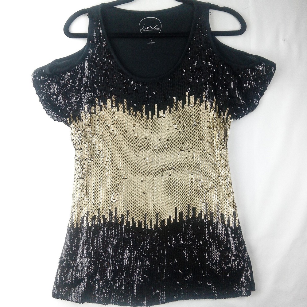 INC INTERNATIONAL CONCEPTS Sequin Top Women's S Black Gold Party Evening Blouse